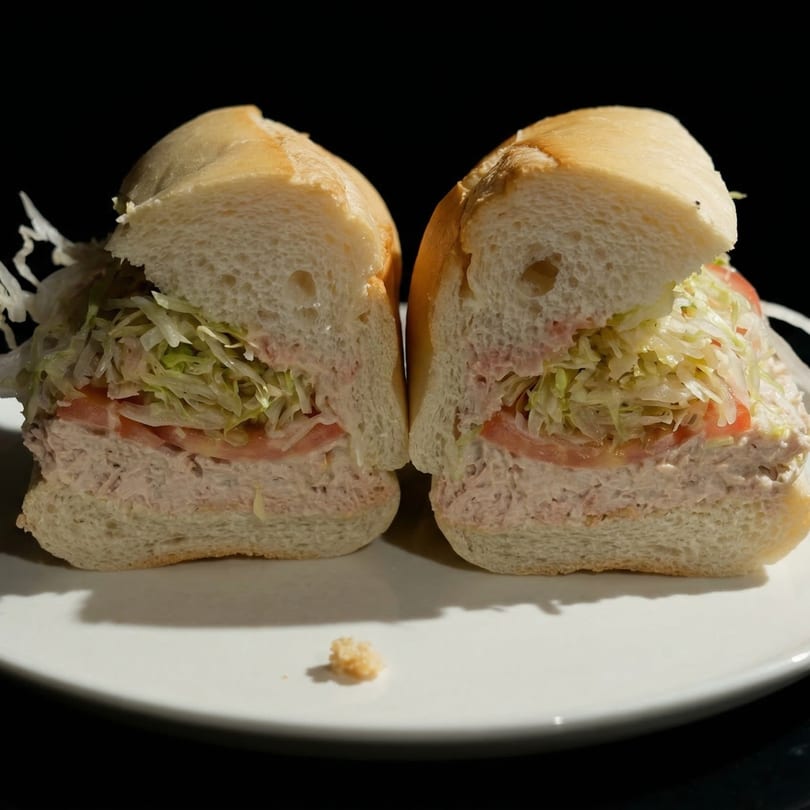 A Pompeii Pizzeria tuna sub, cut in half, filled with tuna salad, lettuce, and tomatoes.