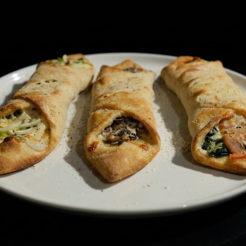 Three golden-brown calzones, one with onions, one with mushrooms, and one with spinach and tomatoes.
